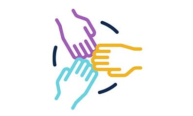 Illustration of a teal hand purple hand and yellow hand coming together in a circle